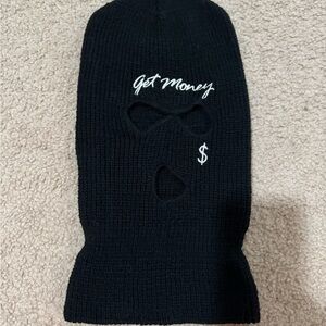 Black Knit Balaclava Beanie with "Get Money" Embroidery